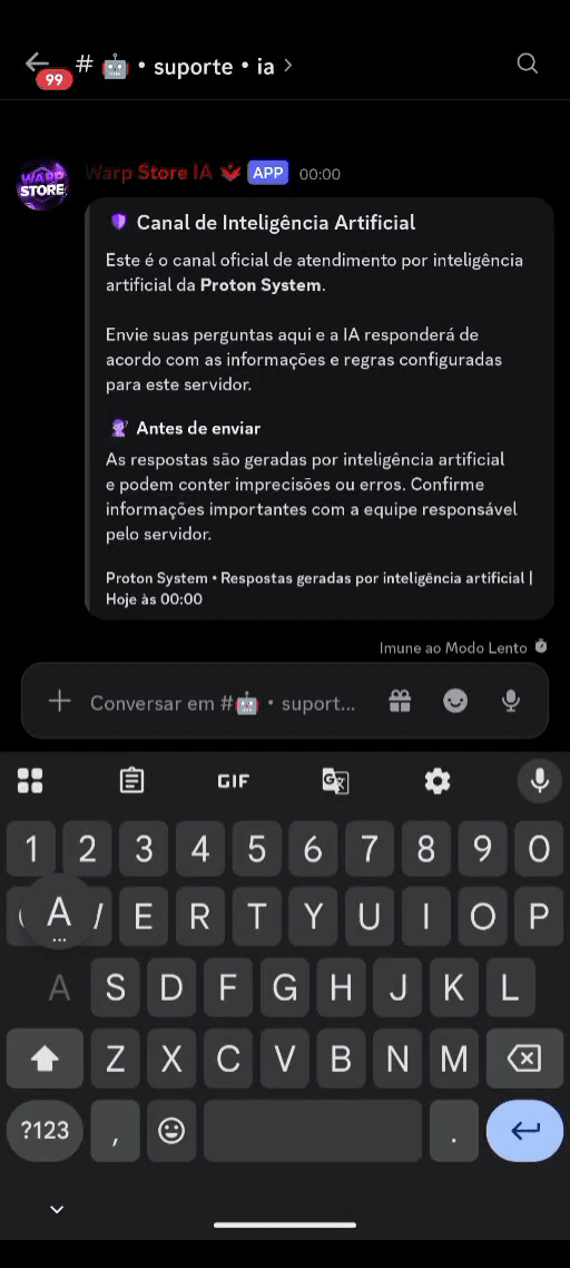 Exemplo em GIF da Proton System IA no celular dentro do Discord